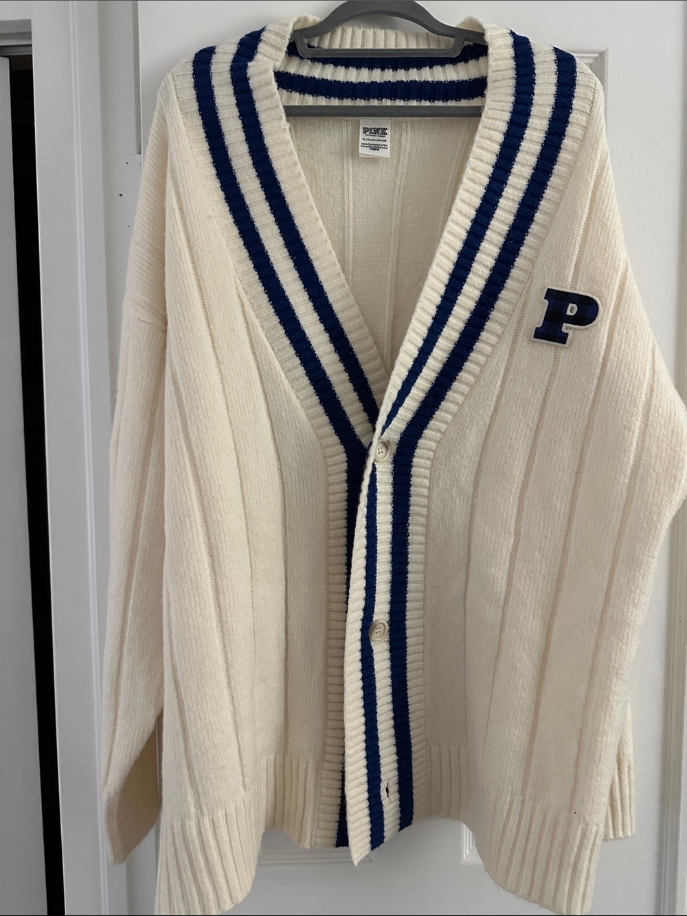 PINK Victoria's Secret Cream Cardigan with Navy Stripe Trim